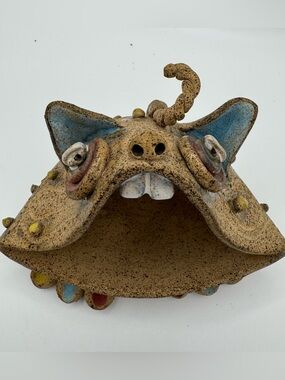 Vintage Studio Pottery Monster Figurine Big Mouth Clay Frog Incense Burner Kitsc